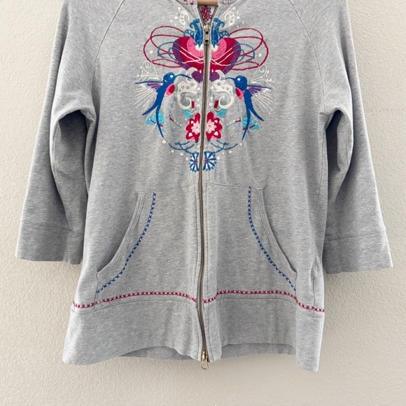 Johnny Was Full Zip Hoodie Medium Gray Embroidered Hummingbird Heart Boho Casual - Picture 5 of 11
